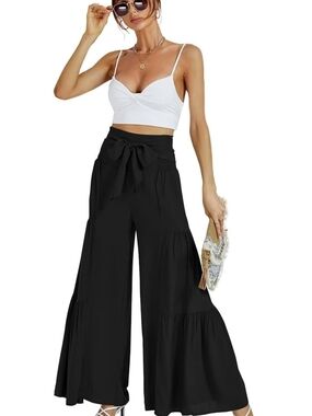 Wide Leg High-Waist Tie Front Palazzo Pants - Black Sz Large